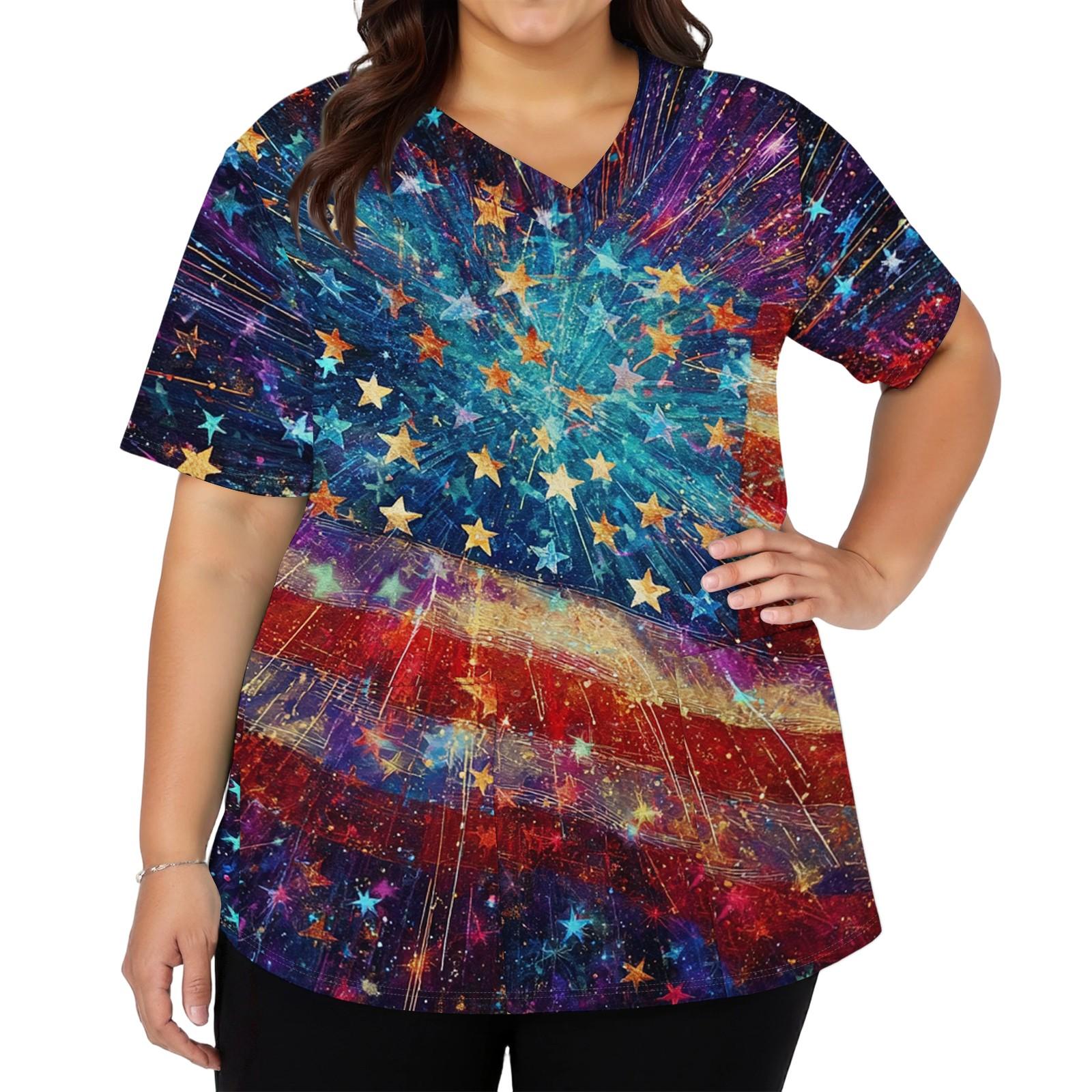 

Женская модная повседневная рабочая рубашка с принтом американского флага и звезд к Дню независимости, с V-образным вырезом, короткими рукавами, разрезами по бокам и карманами L темно-синий