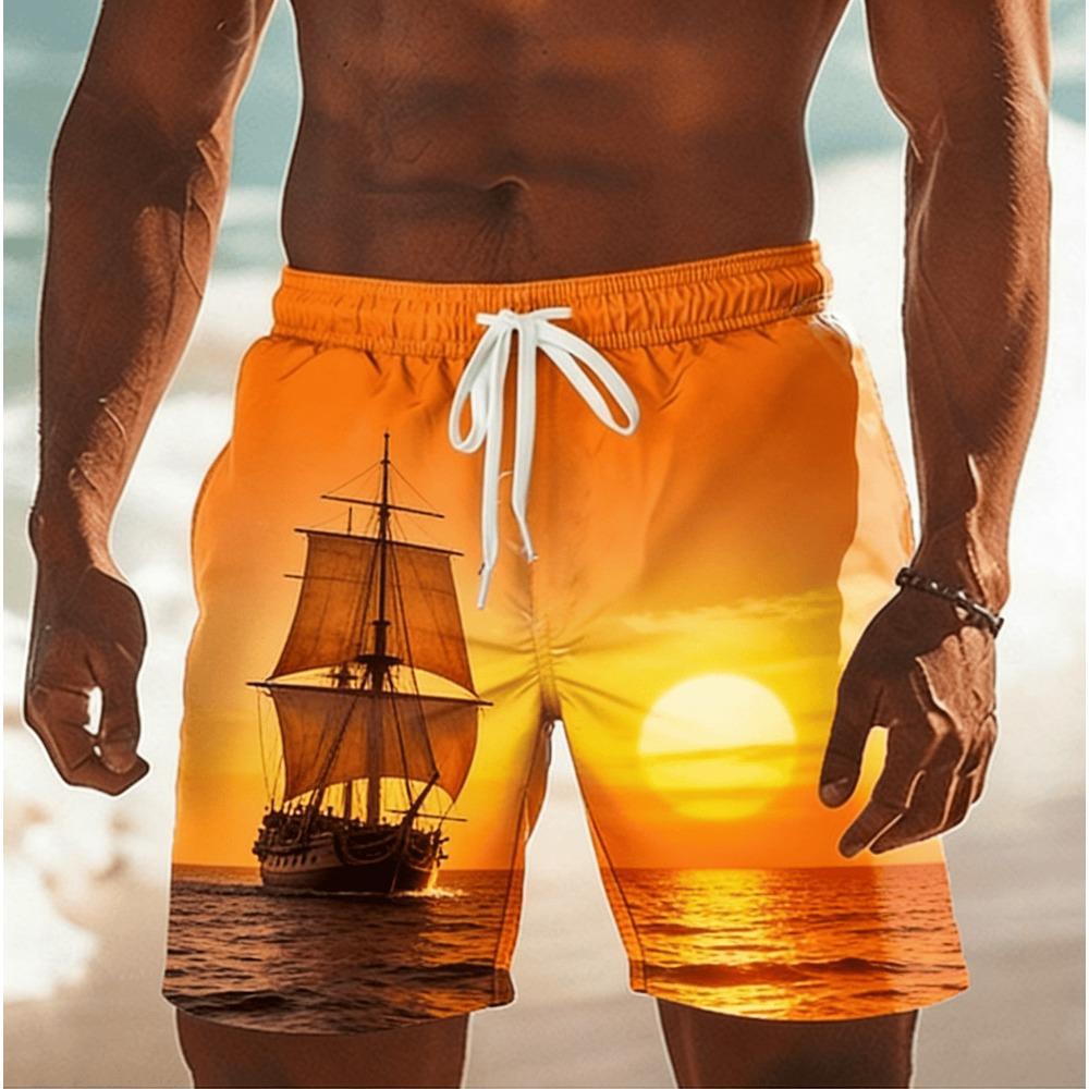 Pantaloncini da Spiaggia Uomo Stampa Tramonto Hawaiano Palma Gabbiano, Casual Primavera Estate Vacanza al Mare Costume da Surf