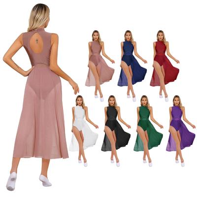 Womens Sleeveless Dance Leotard Keyhole Back Design Rhinestone Split Patchwork Lyrical Performance Wear