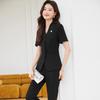 Women's Navy Blue Short-Sleeved Collarless Suit Set - Summer Workwear for Jewelry Shop Sales.