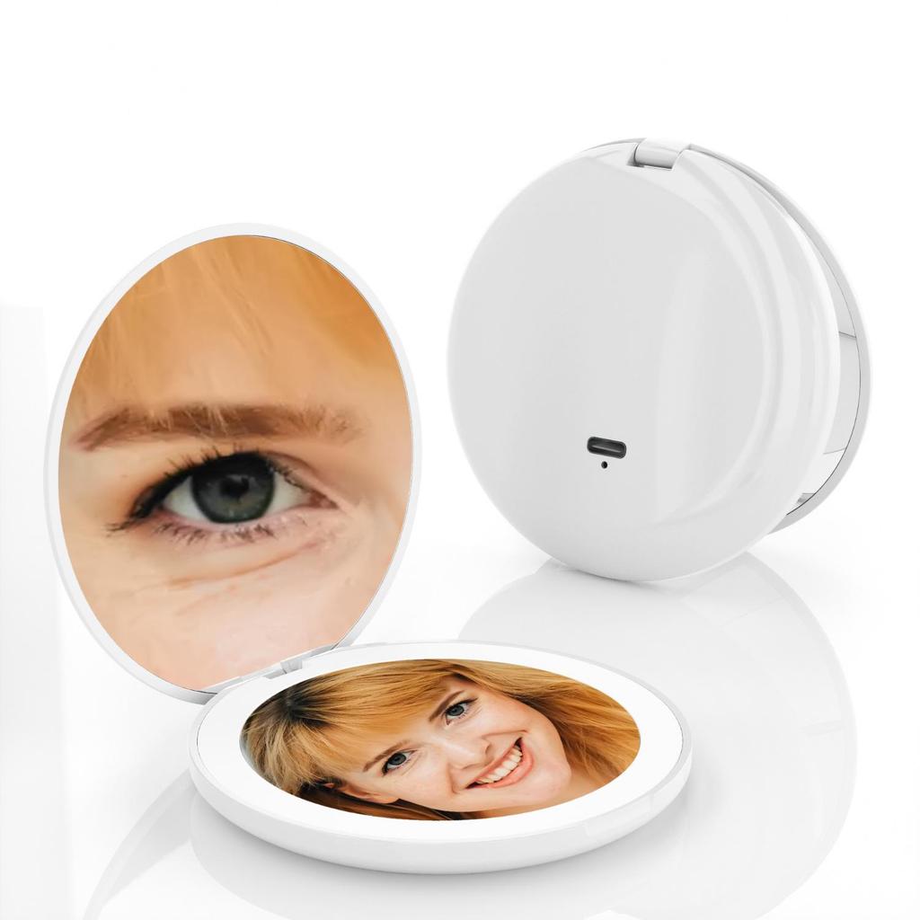 LED Lit Portable Double-Sided Makeup Mirror, 10x Magnification, Folding, with Living Room Fill Light