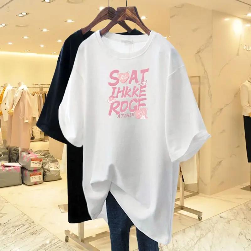 100% pure cotton women's short sleeved T-shirt, informal basic T-shirt with letters printed, loose top, fashionable sweater