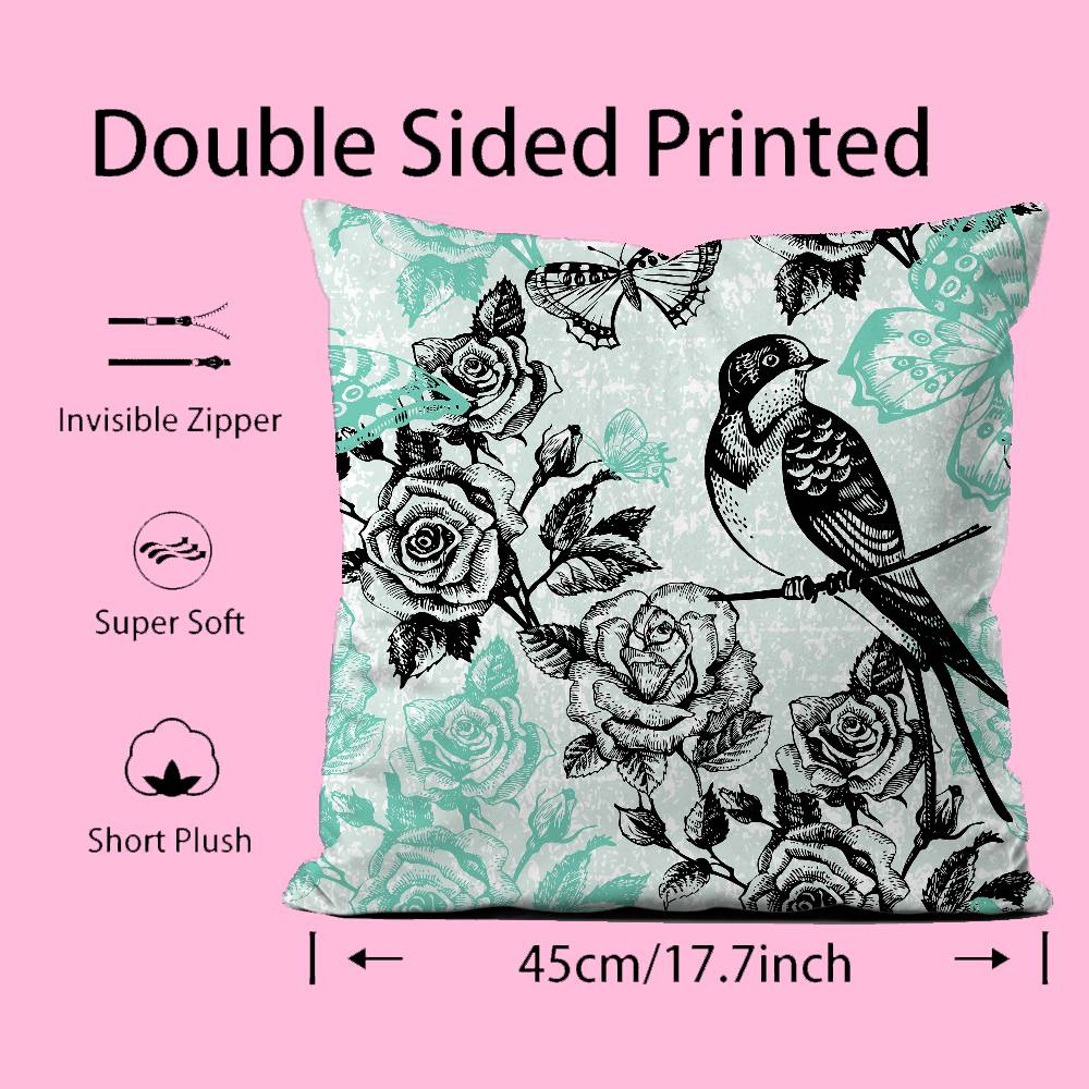 Birds Butterflies Flowers Pillow Case Comfort Sofa Bed Silky Elegant Invisible Zipper Custom Decorative Cushion Cover