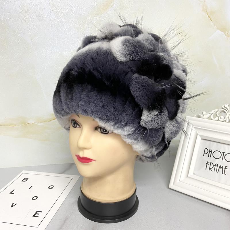 New Natural Rabbit Fur Hats for Women Striped Floral Fox Fur Beanies Female Winter Warm Knitted Outdoor Thick Snow Caps Beanies
