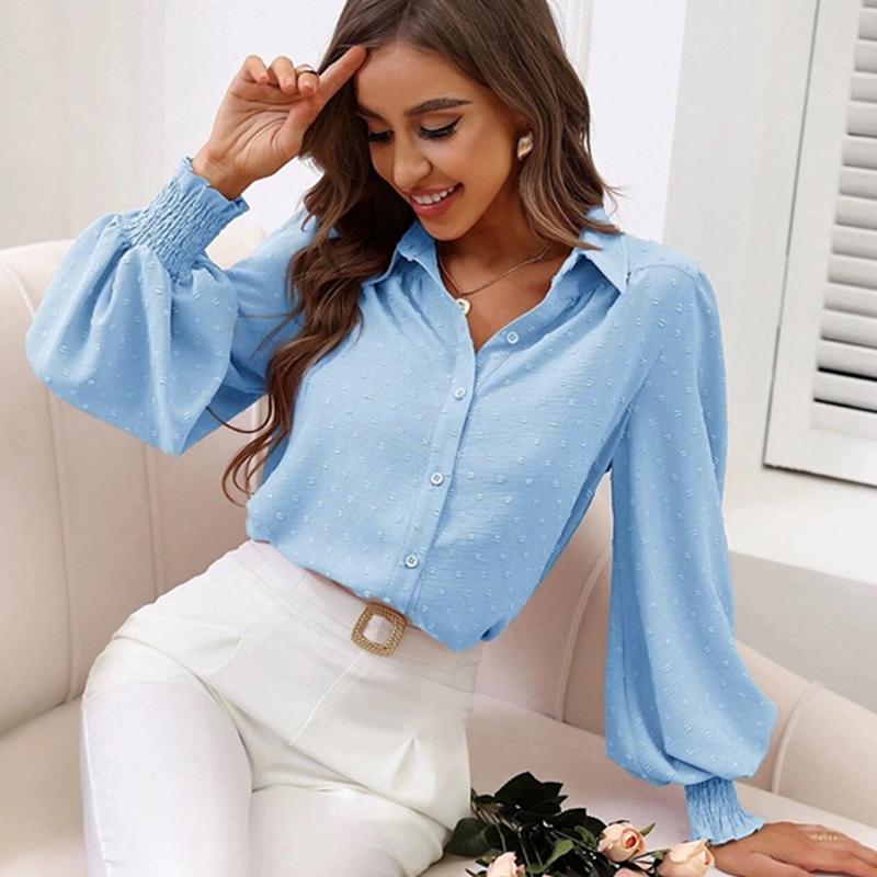 

Весенняя женская свободная и удобная рубашка с лацканами, повседневная однотонная рубашка с рукавами-фонариками XL синий