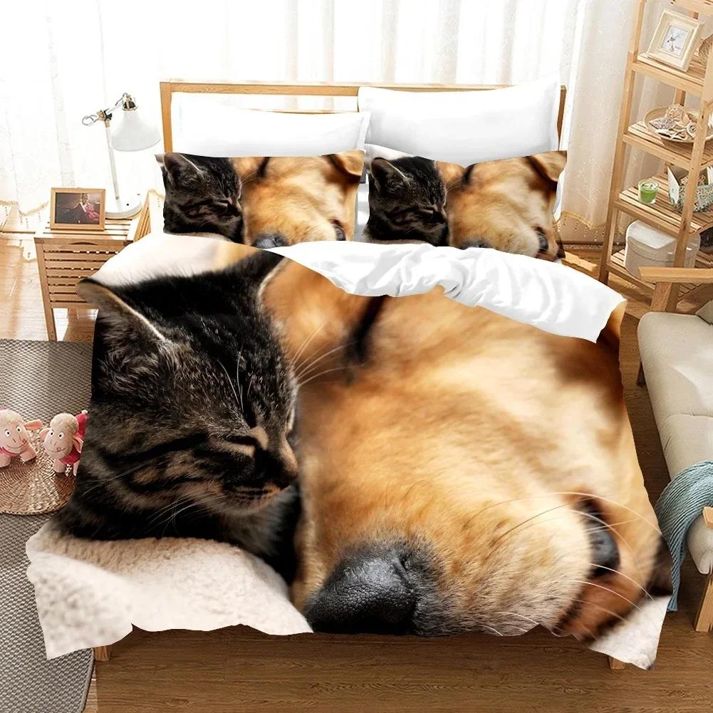 3D Dog And Cat Comfortable Duvet Quilt Cover Pillowcase Bedding Set Children Bedroom Decoration Home Textile