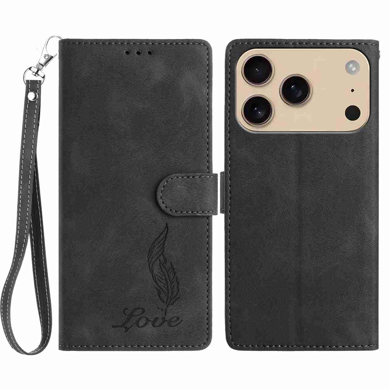 

For iPhone 17 Pro Case Imprinted Feather PU Leather Wallet Phone Cover with Wrist Strap Black
