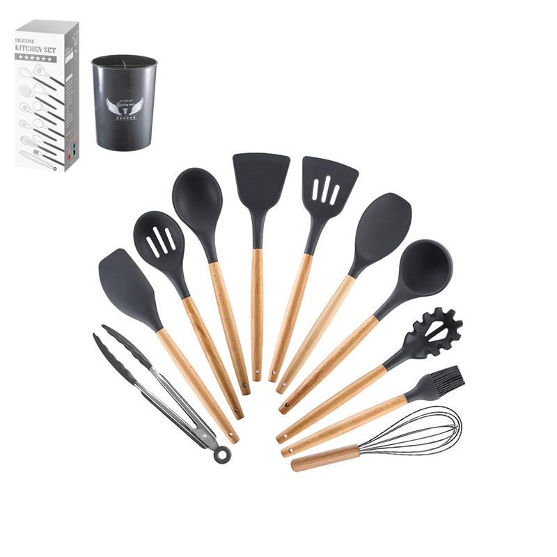 12-Piece Silicone Kitchen Utensil Set with Wooden Handles - Includes Spatula, Slotted Spoon, Frying Spatula, and Baking Tools