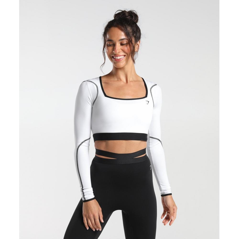 

GYMSHARK Контрастный укороченный топ с длинными рукавами, белый B5A8O WB57