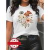 European Size Women's Short Sleeve T-Shirt with Artistic Floral Graphic Print, Round Neck Casual Summer Top