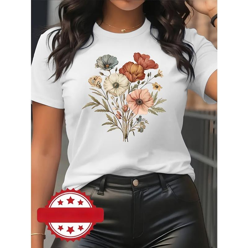European Size Women's Short Sleeve T-Shirt with Artistic Floral Graphic Print, Round Neck Casual Summer Top