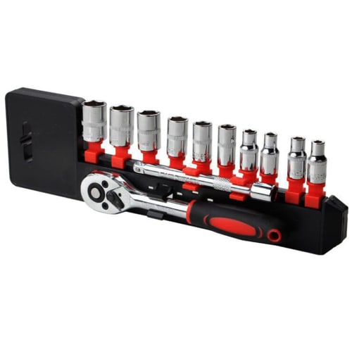 akindou Socket Wrench Set with 10 6.35mm 1/4" Hex Sockets, Ratchet Handle, and 100mm Extension Bar