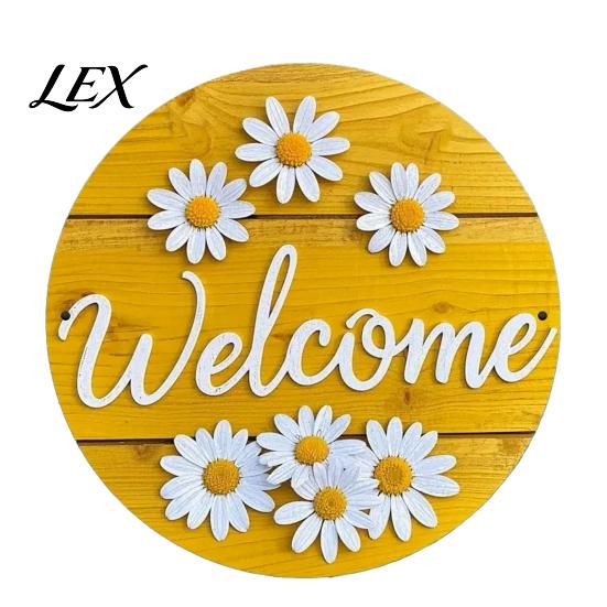 Hanging Sign with Hemp Rope Wooden Daisy Welcome for Front Door, Rustic Farmhouse Wall Decor Handmade House Rope, Wood Plaque Home Entrance