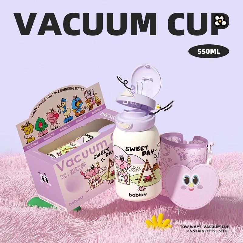 Bablov 550ML Thermos Water Bottle With Straw Cute Cartoon Stainless Steel Vacuum Flask Kids Portable Outdoor Camping Water Cup