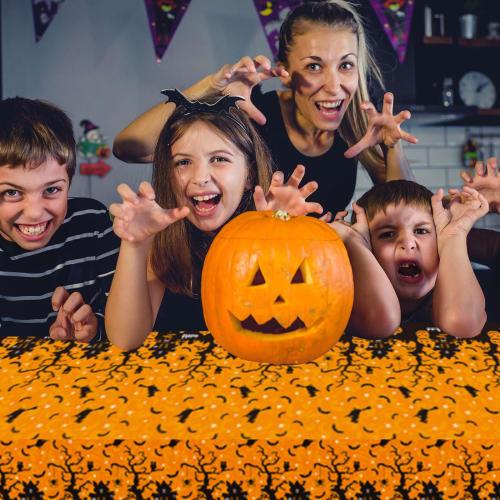 Seimeinoki Halloween Tablecloths, Set of 2, Pumpkin-Shaped Plastic Waterproof Table Covers for Halloween Decorations, Scary Table Decor for Outdoor Ki