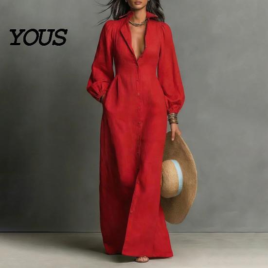 Autumn Women Dresses Button Front Shirt Dress, Long Sleeve Turn-down Collar Collared Style Solid Color Cinched Waist Dress for Daily Office Casual