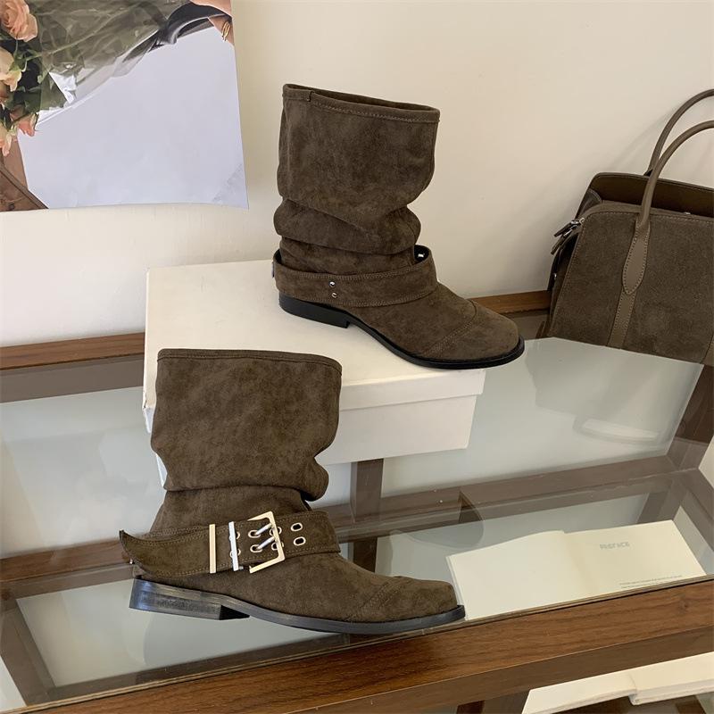 Western Cowboy Boots Women's New Summer Boots Vintage Maillard Belt Buckle Thick Heel Pleated Pile Short Boots