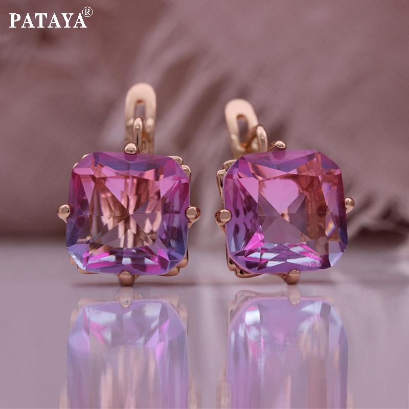 PATAYA Rose Gold Color Inlaid Artificial Zircon Square Sweet Girl Earrings