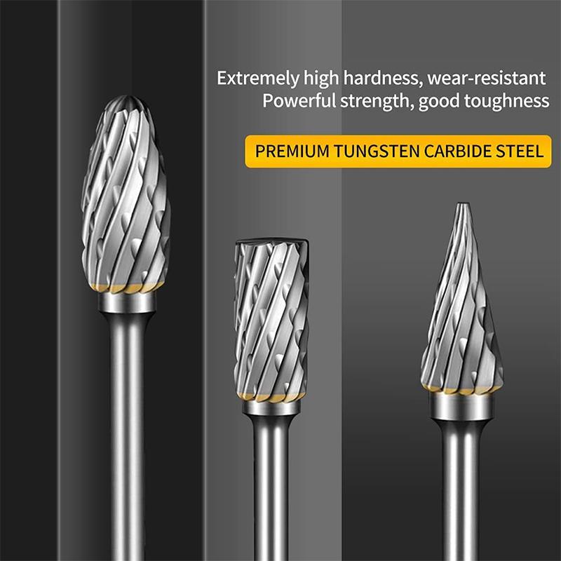 Double Cut Carbide Rotary Burr Set - 10 Pcs 1/8" Shank, 1/4" Head Length Tungsten Steel for Woodworking,Drilling, Metal Carving, Engraving, Polishing