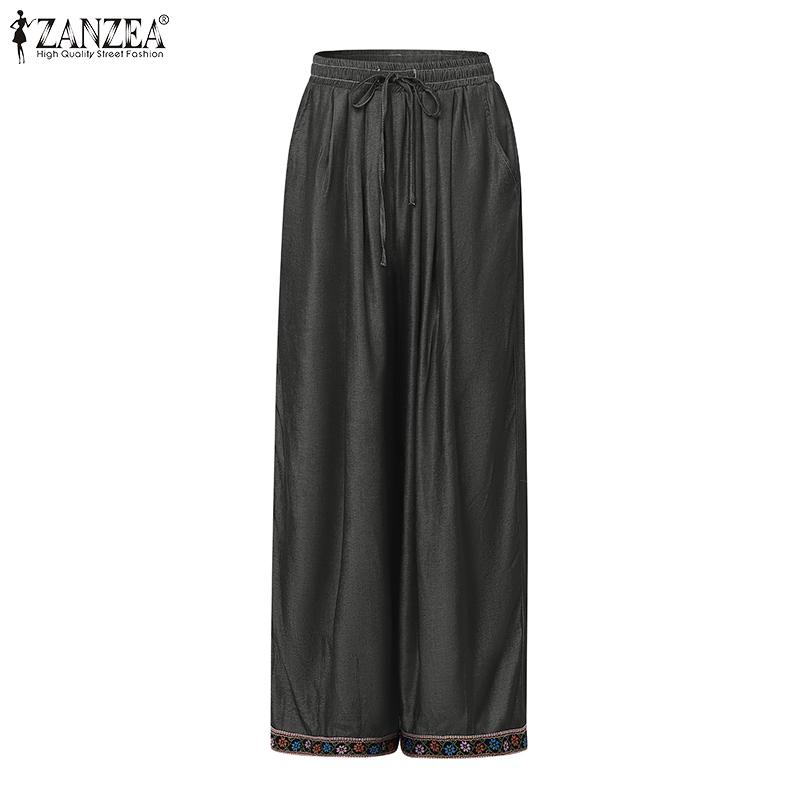 

ZANZEA Women Casual Loose Drawstring Elastic Waist Embroidery Hem Long Pants 5XL чёрный