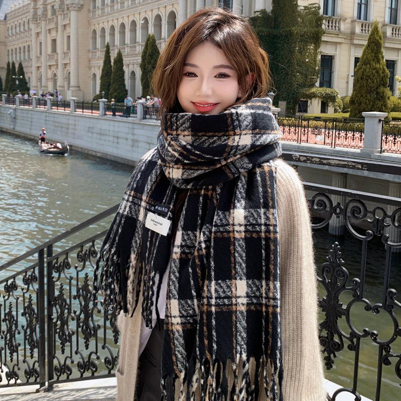 Korean Scarf Winter Women's Atmosphere New Mohair High Sense Thickened Warm Shawl Plaid Scarf