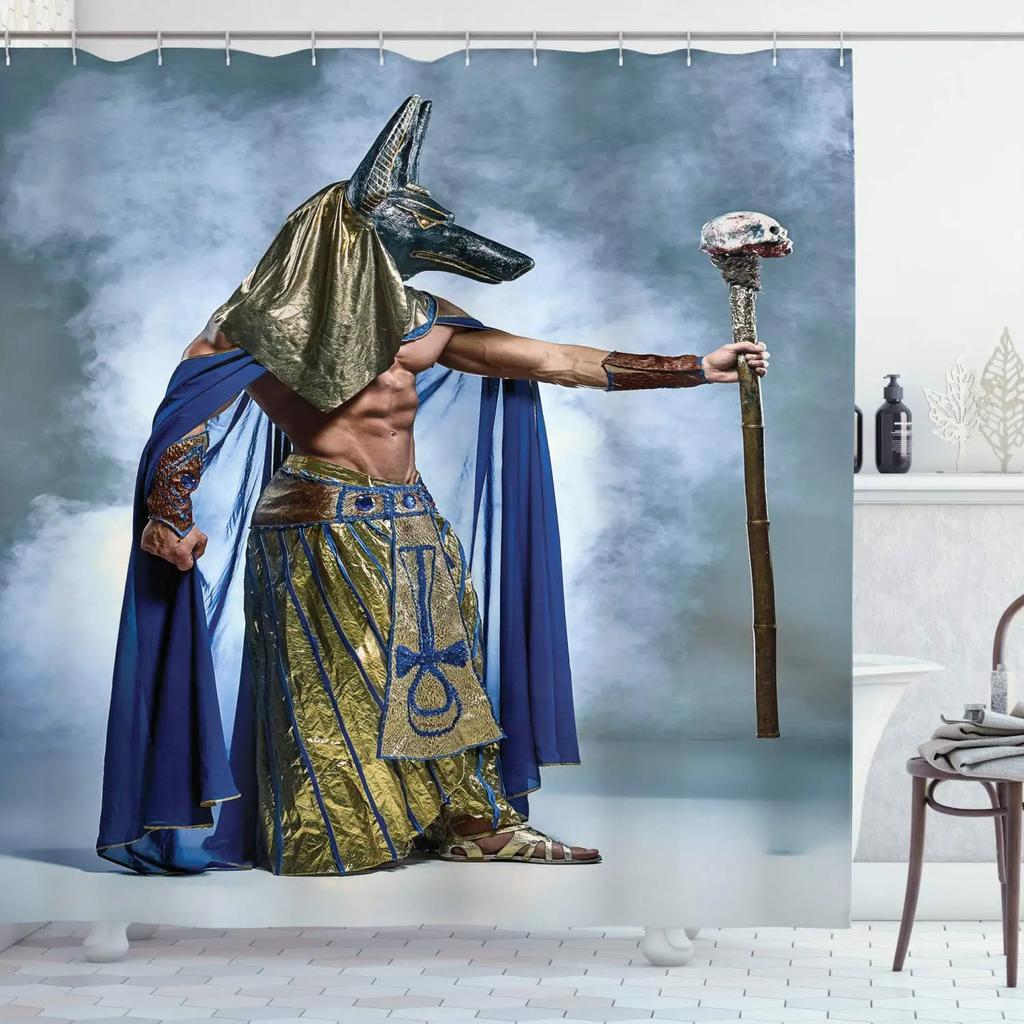 Egyptian Cat Shower Curtain Ancient Black Cat Animal Mystic Wizard Divination Astrolabe Moon Starry Sky Tarot Bathroom Curtains