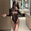 Women Hollowed Fishnet Bodysuit Long Sleeve Mock Neck Open Back Bodysuit Sexy See Through Flower Lace Nightwear Lingerie
