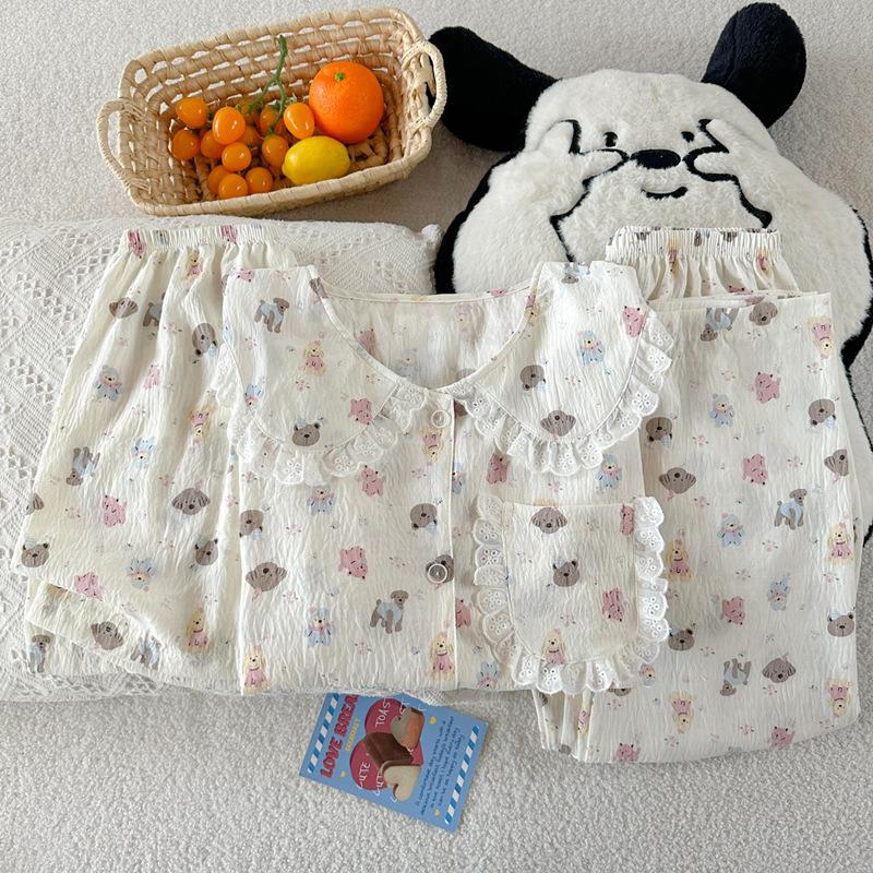 Doll Collar Cartoon Pajamas Women'S Summer Cloud Cotton Short Sleeves Cute Student Loungewear Three-Piece Set