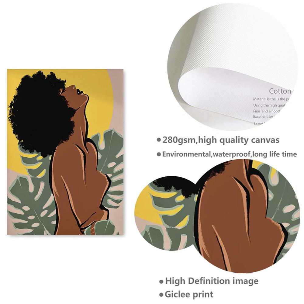 African Art Black Woman Painting Canvas Black Girl With Tropical Monstera Leaves Posters and Prints Boho Wall Art Pictures