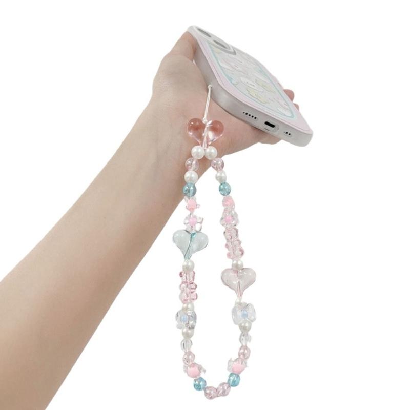 Handmade Bracelet Keychain Phone Decoration Accessories Beaded Phone Lanyard Heart Pattern Aesthetic Phone Wrist Strap