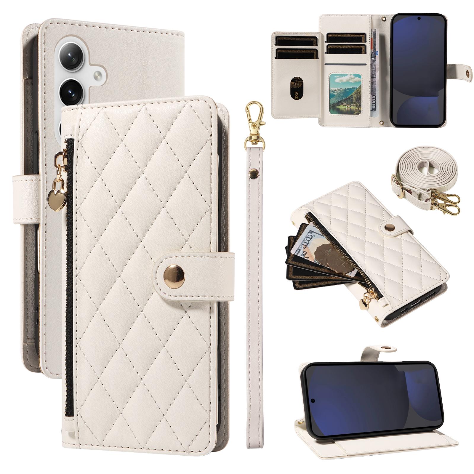 

Для Samsung Galaxy S24 FE Чехол-кошелек с ремешками, Ромбовидный кожаный чехол-подставка для телефона White