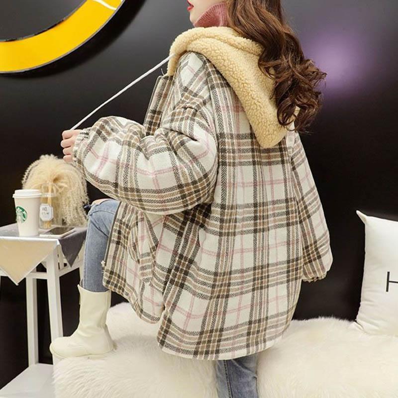 Jachetă Călduroasă Groasă Căptușită Femei Iarnă Casual Versatil Pulover cu Glugă Carouri Călduroasă Dublă Largă Topuri