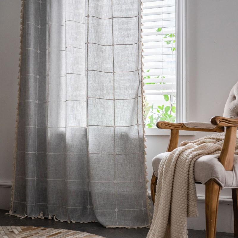 Cotton Embroidered Gingham Curtain Panel Semi-Sheer Kitchen Dining Living Room Country Style Rod Pocket Tab Top Hook