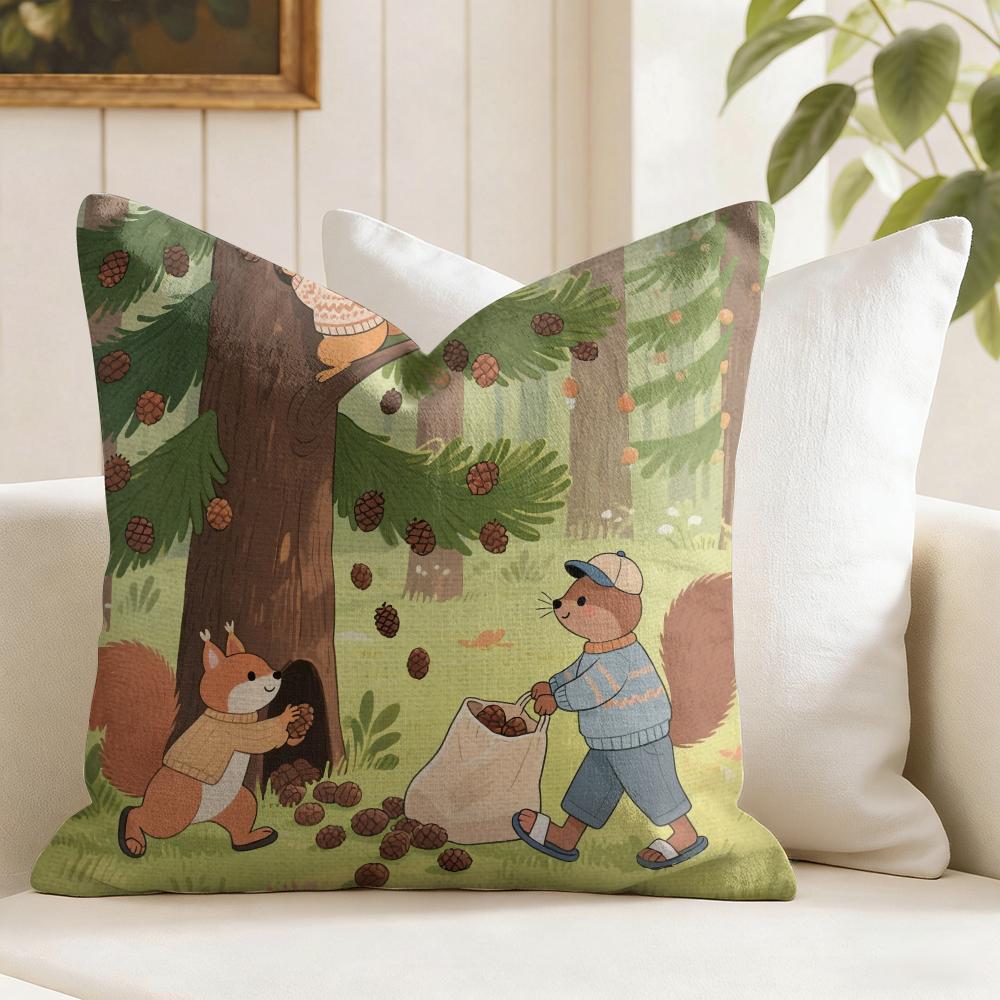 Cute Squirrel Cushion Cover Natural Linen Pillow Cover DoubleSided Print Cushion Cover for Sofa Home Decor