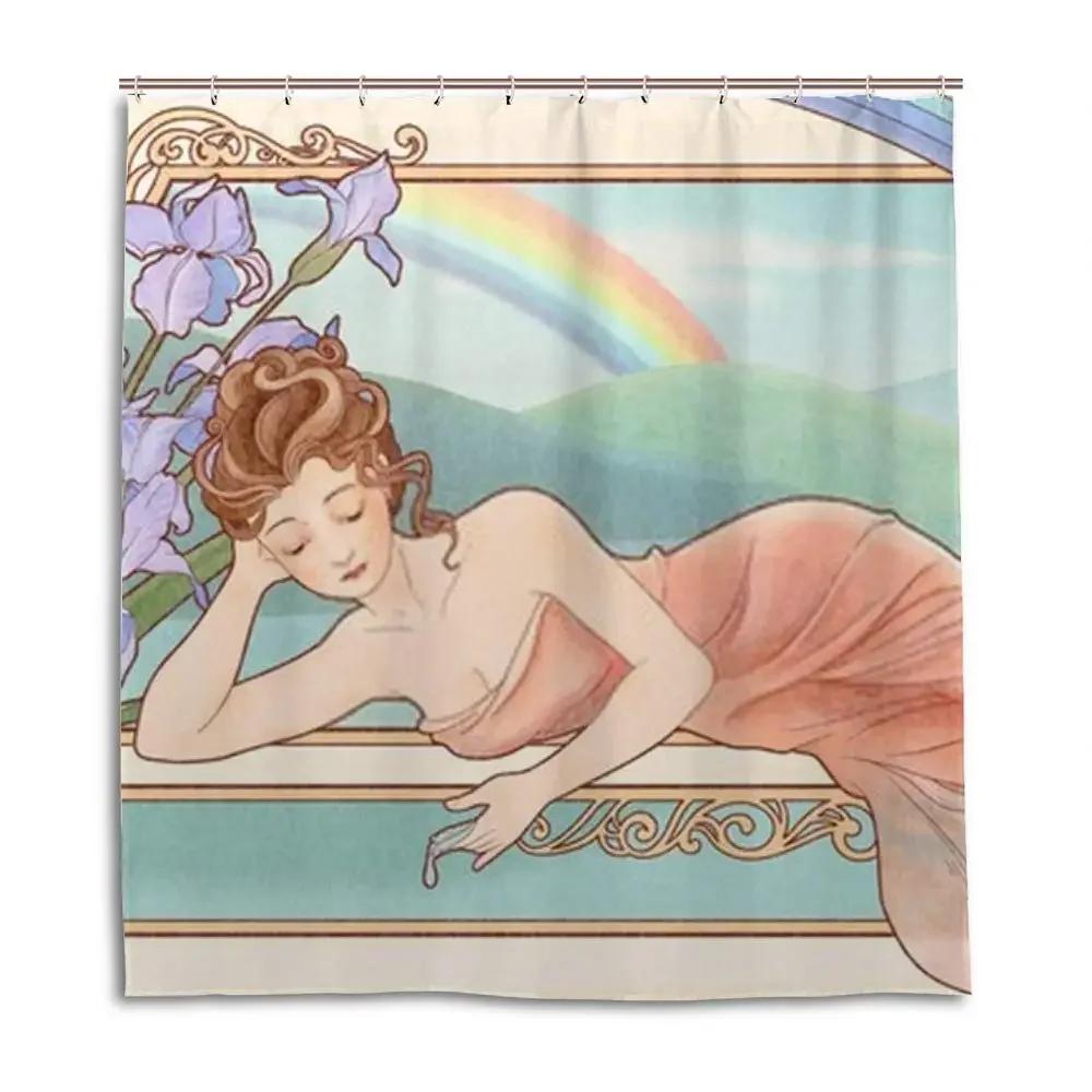 Rideau de douche Dame Art Nouveau, Ensemble de bain Esthétique Art Époques de la Journée, Repos Nocturne, Rêverie du Soir, Aube, Réveil Matinal