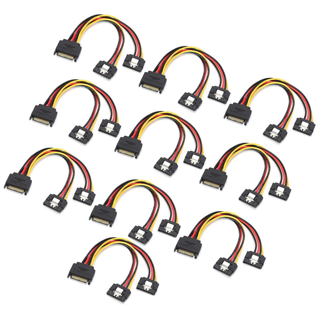 10Pcs SATA Power Adapter 15pin 1 Male to 2 Female Connector Mains Cord for Transfer Data Charge