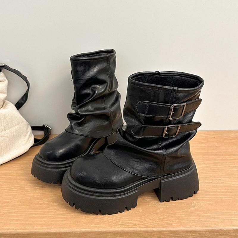 Winter Platform Thick Sole Woman Ankle Boots Design Belt Buckle Slip On Shoes Punk Style Leather Knight Short Bottes Femmes