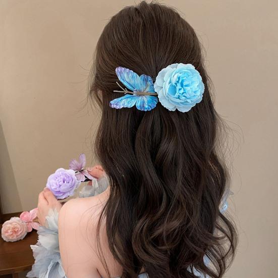 Butterfly Hair Clip Artificial Peony Flower with Acrylic Crocodile Clip