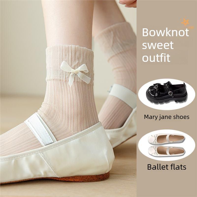 Ladies Spring and Summer Bow Lace Mesh Glass Wire Hollow Shank Pile Pile Socks
