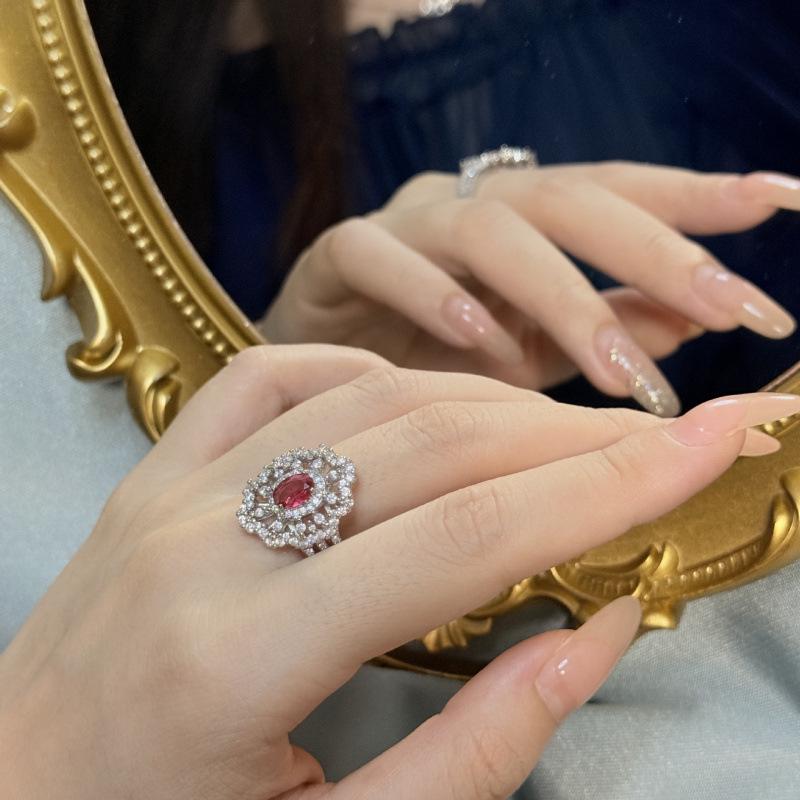 Women's Fashion Ruby Flower Adjustable Ring - Full Diamond Simulated Open Band
