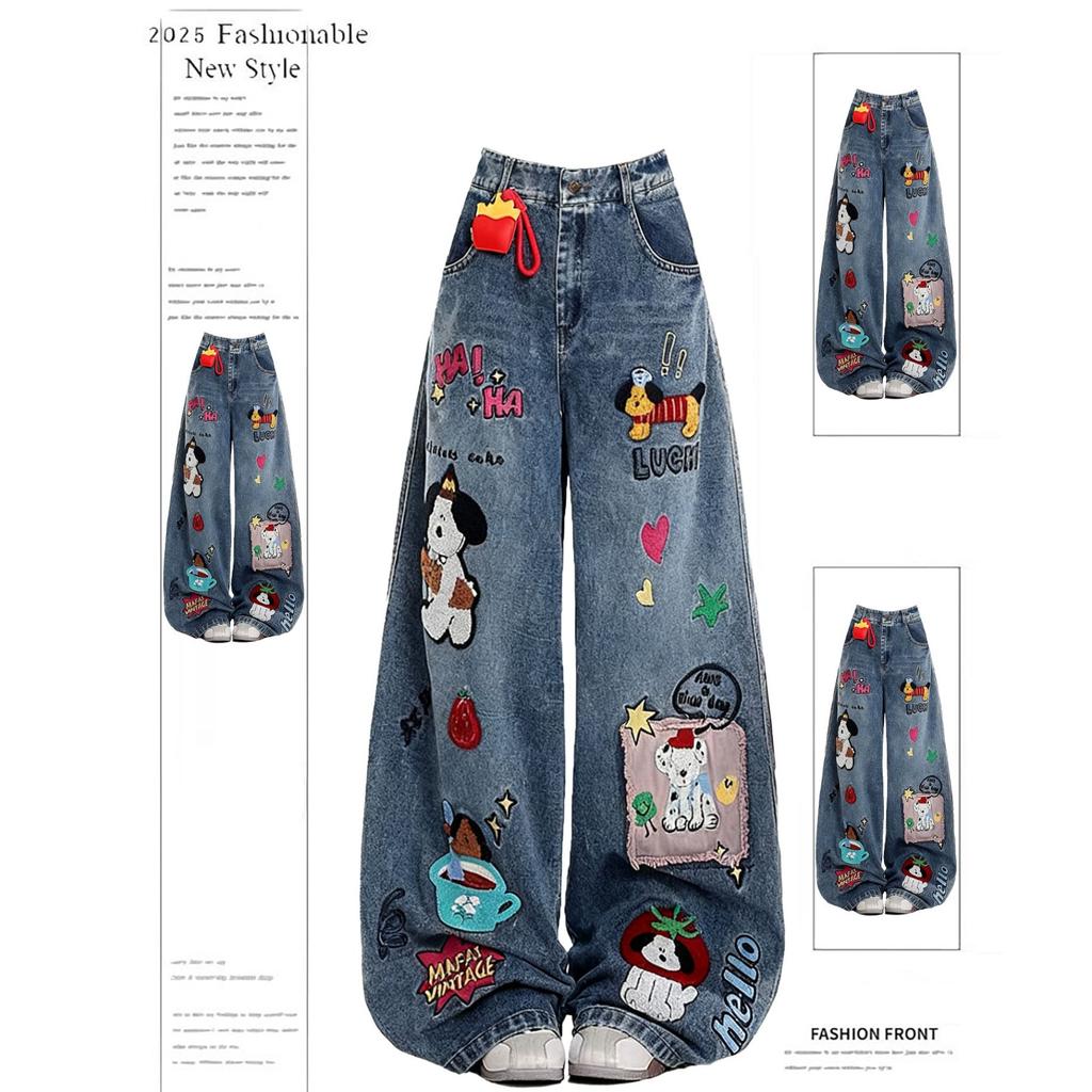 Retro Cartoon Floing Embroidery Jeans Women Waed Loose Wide Leg Pants Casual Loose Fit