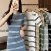 Women's Striped Short-Sleeve Round Neck Knit Dress: Early Autumn Style, Slimming & Fresh Mid-Length Skirt.