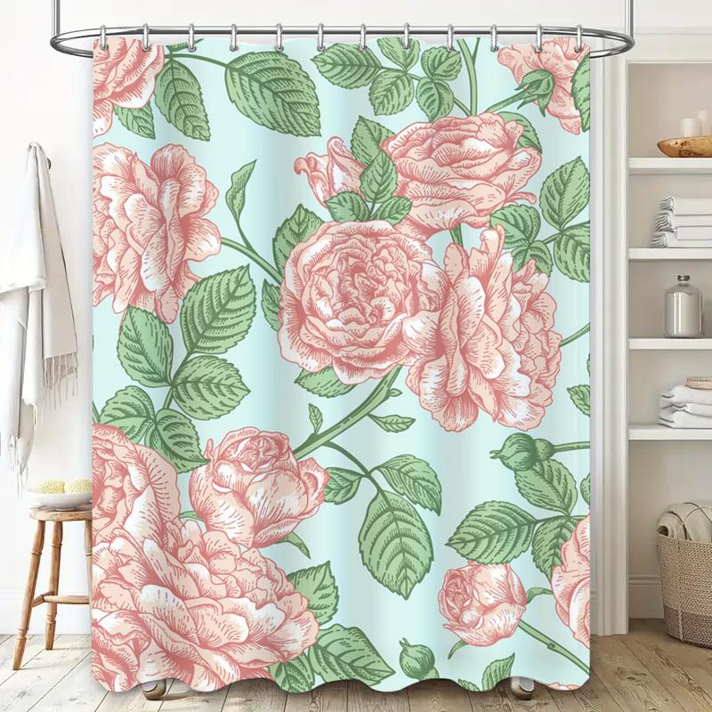 Romantic Floral Shower Curtain Decor Pink Roses Green Leaves, Printed Fabric Waterproof Bath Rug Cover For Home Bathroom