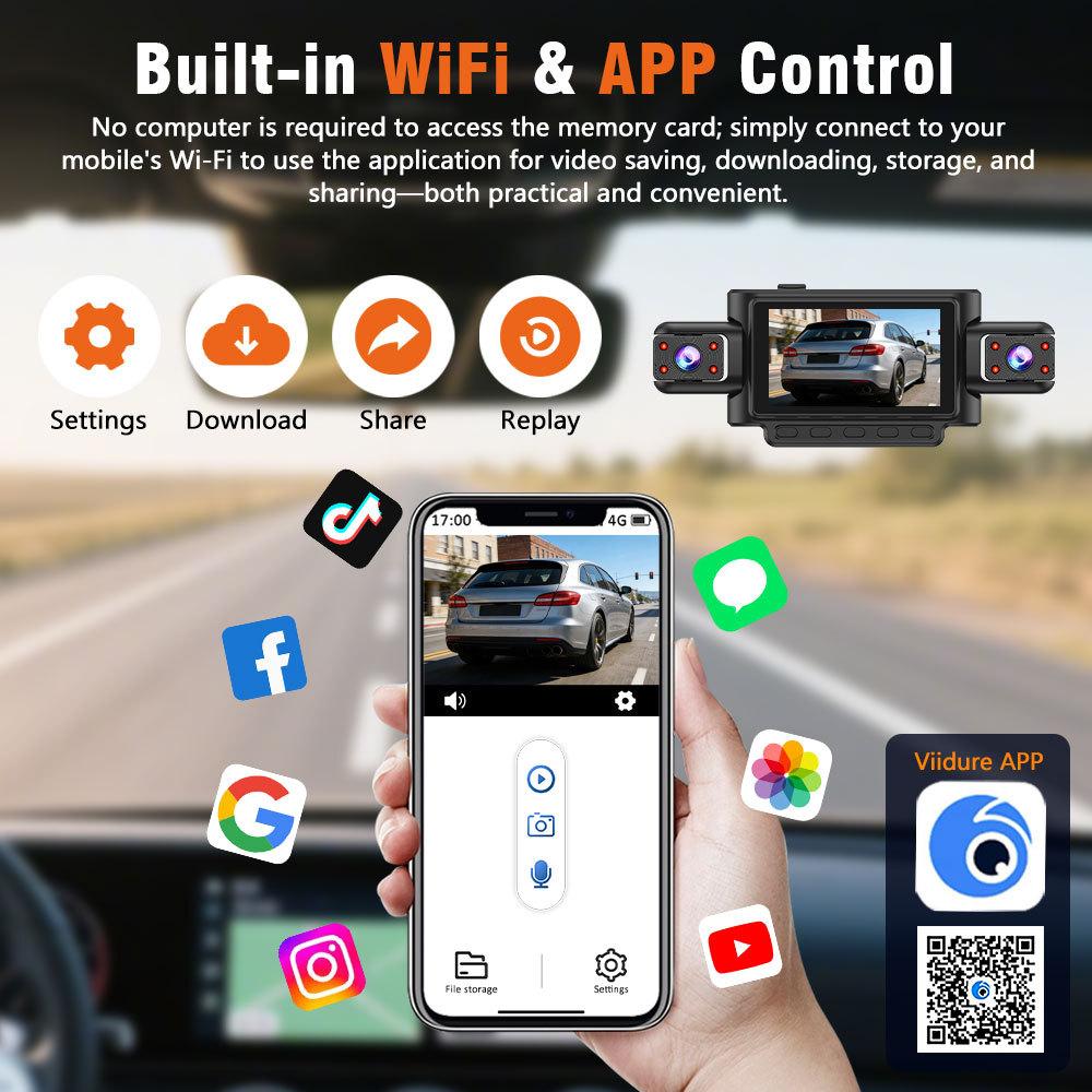 360° autokamera se 4 objektivy pro auta, WiFi aplikace, 1080P, 4-kanálový videozáznamník jízdy, kamera do kabiny a zadní kamera
