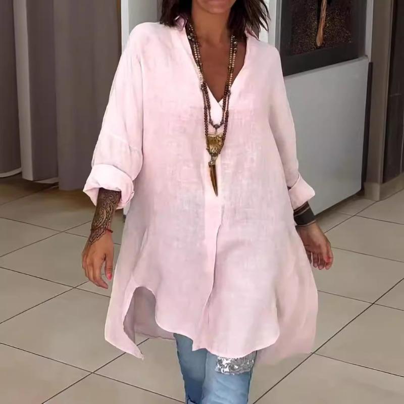Abito Camicia Estivo da Donna Casual in Cotone Lino con Spacco e Taglio Ampio