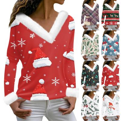 Women's T Shirt Tee Print Shirt Long Sleeve Party Fleece Collar V Neck Pullover T-shirt Top