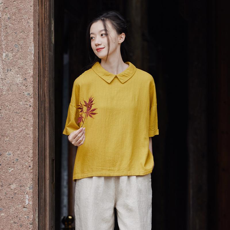 Johnature Pulôver feminino camisetas de linho cor sólida turn-down cor manga curta verão solto casual camisetas femininas