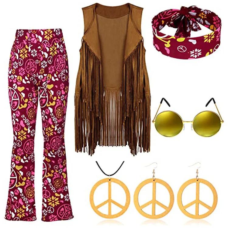 Women Peace Love Girls Hip Indian Retro Hippie Disco 60s 70s Cosplay Costume Tassels Vest Pants Cardigan Halloween Stage Party