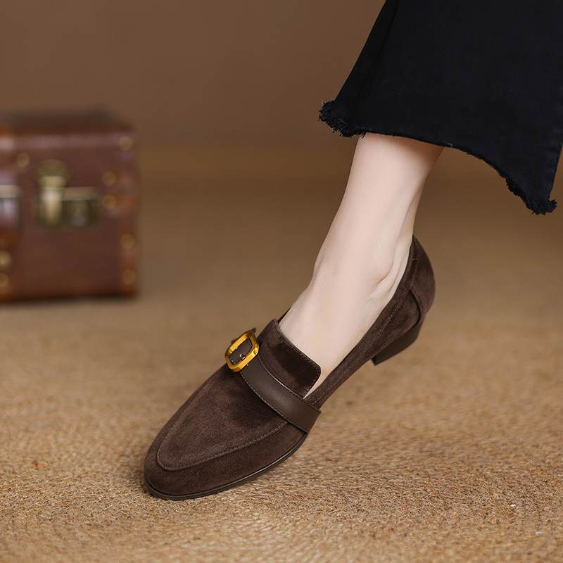 Krazing Pot Sheep Suede Autumn Winter Shoes Metal Buckle Loafers Med Heels Slip on Size 42 Round Toe Slip on Deep Mouth Pumps