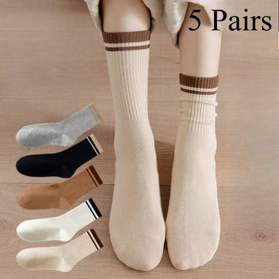 5 Pairs Trendy Striped Socks for Women Middle Tube Socks Japanese Style Fashion All-match Socks Solid Color Girls Socks